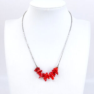 Vintage Sterling Silver 925 Red Coral Tube Bead Necklace 15”